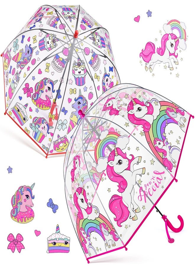 Fabbay 2 Pcs Kids Clear Bubble Umbrella Unicorn with Easy Grip Curved Handle Transparent Bubble Umbrella for Toddler Girls(Cute Unicorn) - Image 1